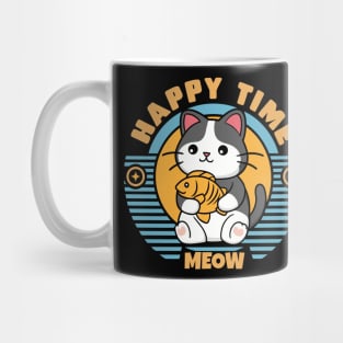 Cute Happy Time Meow Cat With Fish Retro Design Mug